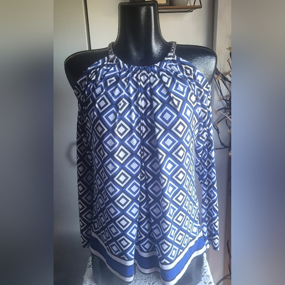 Michael Kors Blue and White Square Print Long Sleeve Cold Shoulder Top M - Picture 1 of 7